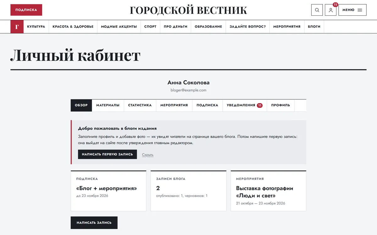 Обзор личного кабинета блогера: приветственный баннер редакции, карточка подписки с тарифом и сроком, счётчики записей