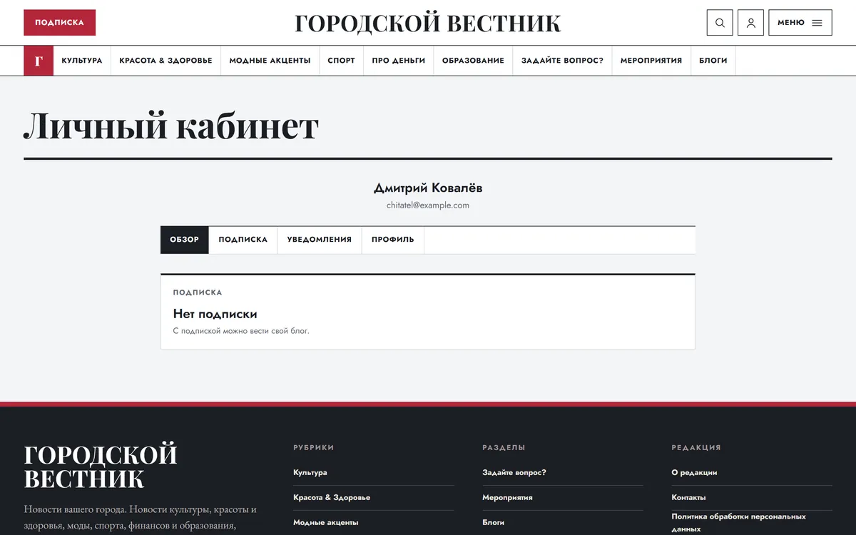 Стартовая страница личного кабинета читателя