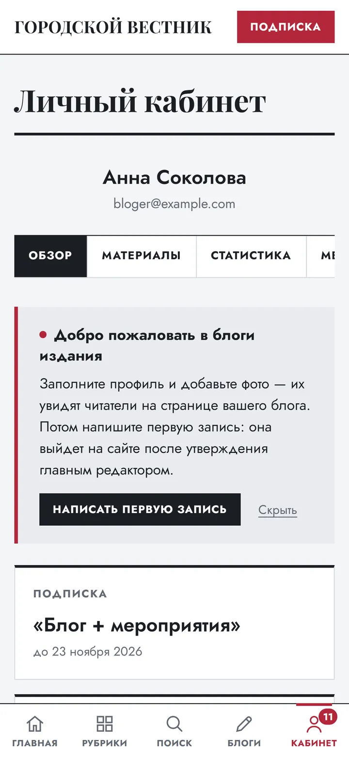 Личный кабинет в теме Daily на экране телефона