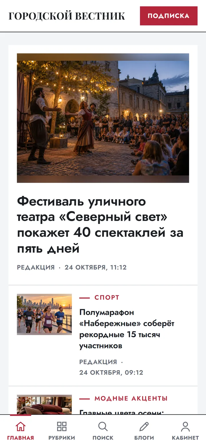 Главная страница в теме Daily на экране телефона с нижней панелью разделов